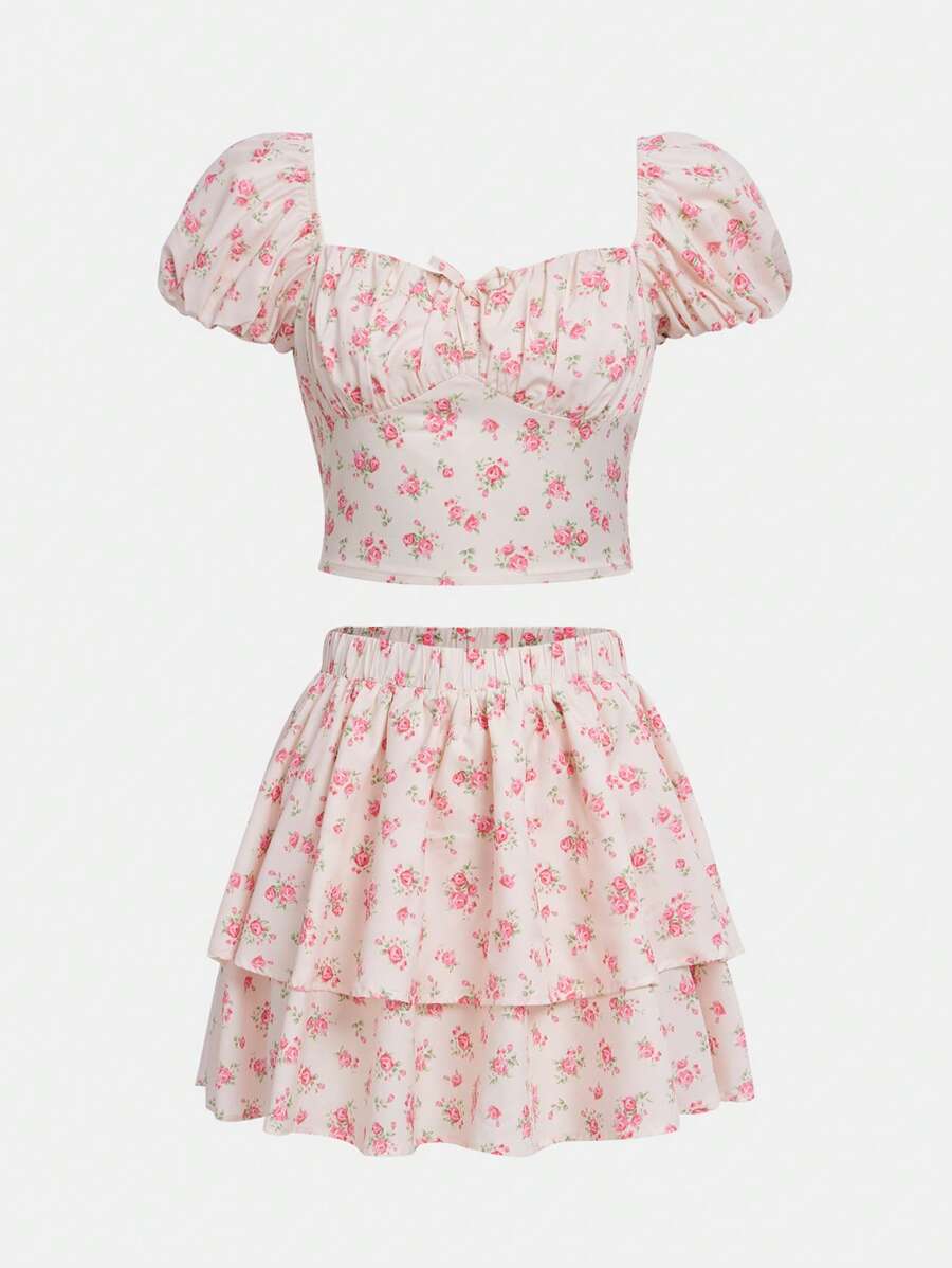 SHEIN 青少年女孩碎花泡泡袖短款上衣&二層下擺半身裙