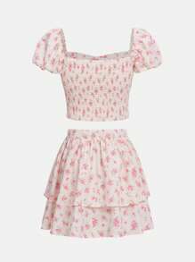 SHEIN 青少年女孩碎花泡泡袖短款上衣&二層下擺半身裙