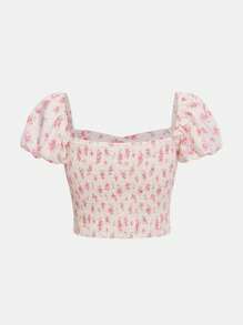 SHEIN 青少年女孩碎花泡泡袖短款上衣&二層下擺半身裙