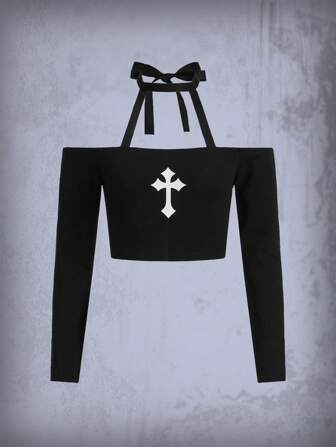 Goth Cross Print Halter Neck Crop Top