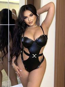 Cắt ra Vòng thép Bộ Bodysuit  Teddy - màu đen - Xem 5