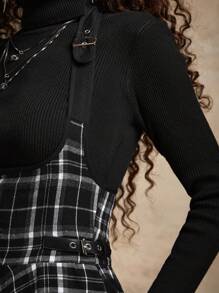 ROMWE Goth Plaid Print Hanky Hem Pinafore Dress Without Tee - Black and White - View 3