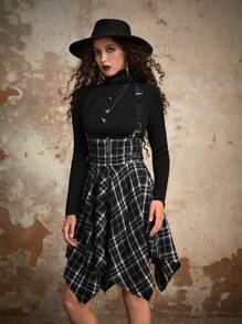 ROMWE Goth Plaid Print Hanky Hem Pinafore Dress Without Tee - Black and White - View 2