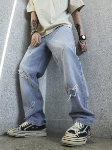 Manfinity Roghcode 男士破洞抽鬚直筒牛仔褲 - 淺色水洗藍 - 查看 1