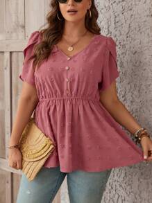 SHEIN LUNE Plus Swiss Dot Petal Sleeve Peplum Blouse - Dusty Pink - View 4