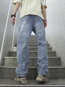 Manfinity Roghcode 男士破洞抽鬚直筒牛仔褲 - 淺色水洗藍 - 查看 2