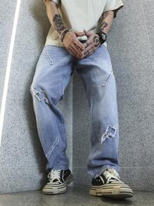 Manfinity Roghcode 男士破洞抽鬚直筒牛仔褲 - 淺色水洗藍 - 查看 3