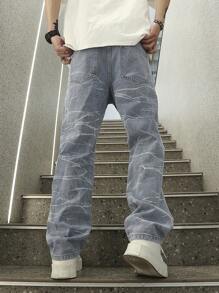 Manfinity EMRG Jeans dritti strappati e sfrangiati da uomo a gamba larga, Pantaloni cargo lunghi, blu chiaro, indossati per feste e per la strada in stile rapper