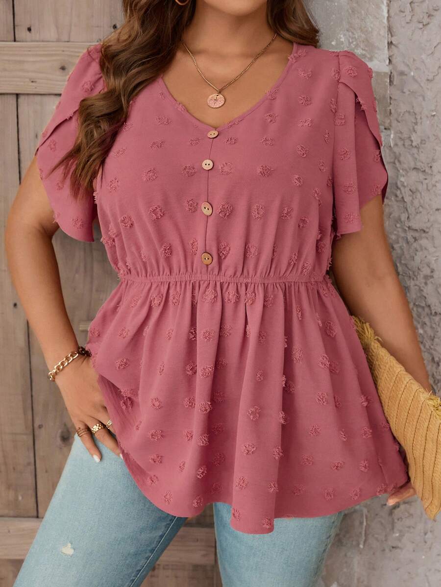 SHEIN LUNE Plus Swiss Dot Petal Sleeve Peplum Blouse - Dusty Pink - View 1
