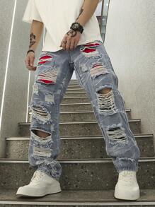 Manfinity EMRG Jeans dritti strappati e sfrangiati da uomo a gamba larga, Pantaloni cargo lunghi, blu chiaro, indossati per feste e per la strada in stile rapper