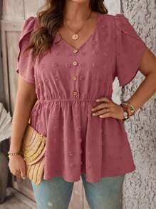 SHEIN LUNE Plus Swiss Dot Petal Sleeve Peplum Blouse - Dusty Pink - View 5
