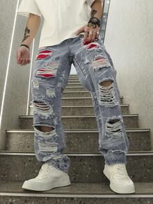 Manfinity EMRG Jeans dritti strappati e sfrangiati da uomo a gamba larga, Pantaloni cargo lunghi, blu chiaro, indossati per feste e per la strada in stile rapper