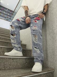 Manfinity EMRG Jeans dritti strappati e sfrangiati da uomo a gamba larga, Pantaloni cargo lunghi, blu chiaro, indossati per feste e per la strada in stile rapper