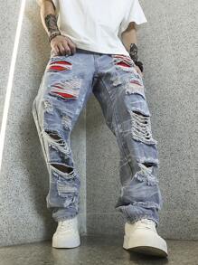 Manfinity EMRG Jeans dritti strappati e sfrangiati da uomo a gamba larga, Pantaloni cargo lunghi, blu chiaro, indossati per feste e per la strada in stile rapper