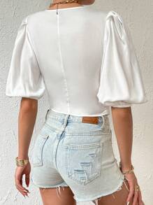 SHEIN Essnce Solid Puff Sleeve Crop Blouse - White - View 3