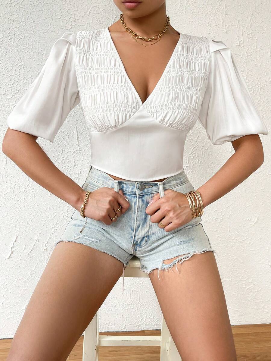 SHEIN Essnce Solid Puff Sleeve Crop Blouse - White - View 1