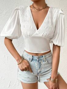 SHEIN Essnce Solid Puff Sleeve Crop Blouse - White - View 5