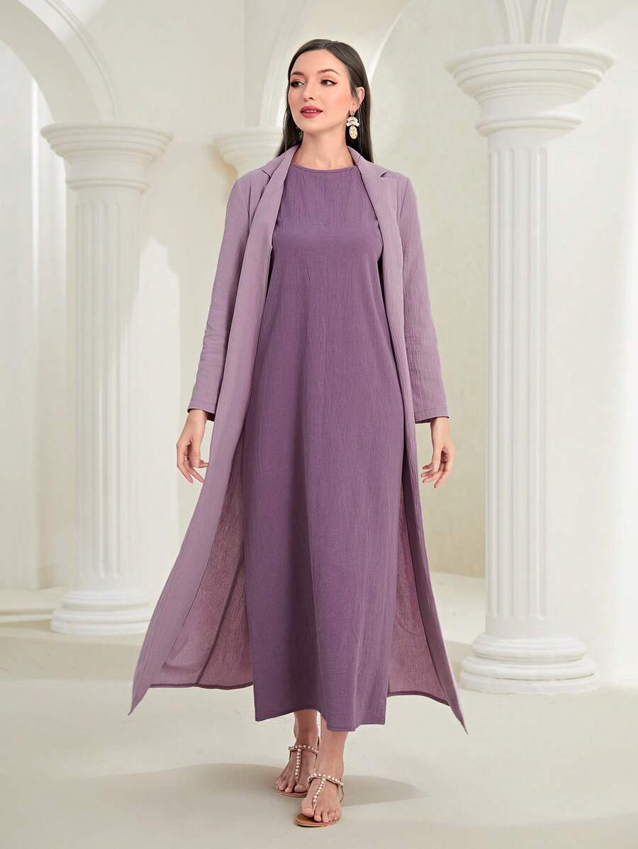 Al Najma Chất rắn Mở Mặt trước Áo choàng Abaya & Bộ váy - Bụi tím - Xem 1