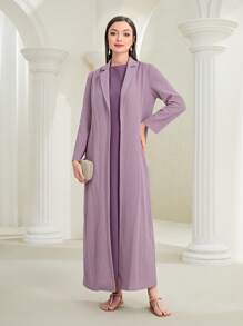 Al Najma Chất rắn Mở Mặt trước Áo choàng Abaya & Bộ váy - Bụi tím - Xem 7