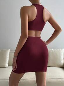 SHEIN Privé Cut Out Waist Bodycon Dress - Burgundy - View 2