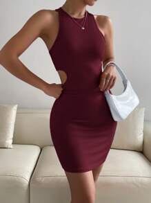SHEIN Privé Cut Out Waist Bodycon Dress - Burgundy - View 3