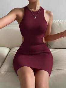 SHEIN Privé Cut Out Waist Bodycon Dress - Burgundy - View 4