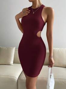 SHEIN Privé Cut Out Waist Bodycon Dress - Burgundy - View 5