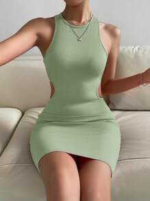 SHEIN Privé 腰部鏤空緊身連衣裙 - 綠色 - 查看 4