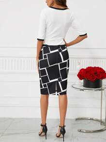 SHEIN Clasi 幾何印花撞色滾邊緊身洋裝 - 黑與白 - 查看 2