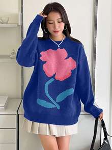 DAZY 花卉圖案落肩袖套頭毛衣 - 藍色 - 查看 3