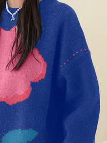 DAZY 花卉圖案落肩袖套頭毛衣 - 藍色 - 查看 5