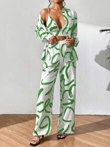 Breezaya Allover Print Shirt & Wide Leg Trousers & Cami Top - White - View 1