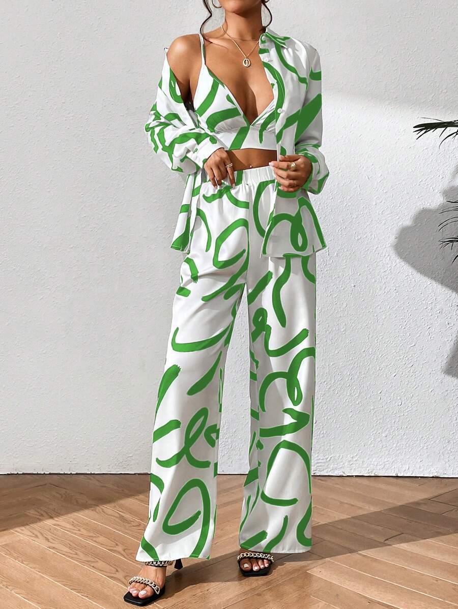 Breezaya Allover Print Shirt & Wide Leg Trousers & Cami Top - White - View 1