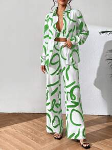 Breezaya Allover Print Shirt & Wide Leg Trousers & Cami Top - White - View 3