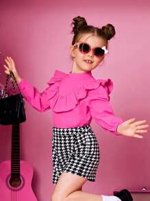 SHEIN Young Girl Ruffle Trim Top & Houndstooth Print Skort - Multicolor - View 4