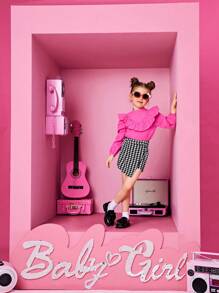 SHEIN Young Girl Ruffle Trim Top & Houndstooth Print Skort - Multicolor - View 5