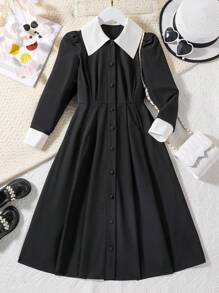 SHEIN Tween Girl Contrast Collar Button Front Shirt Dress - Black - View 1
