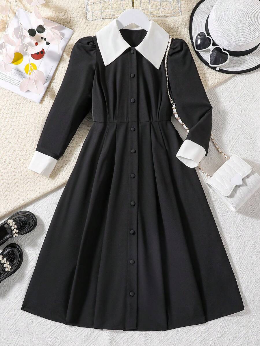 SHEIN Tween Girl Contrast Collar Button Front Shirt Dress - Black - View 1