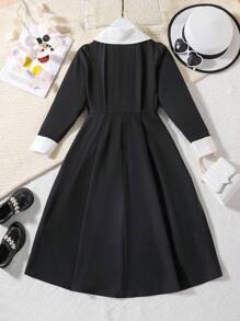 SHEIN Tween Girl Contrast Collar Button Front Shirt Dress - Black - View 2
