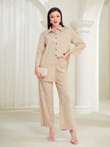 Mulvari 滿版印花前紐扣襯衫&闊腿褲 - 杏色 - 查看 1