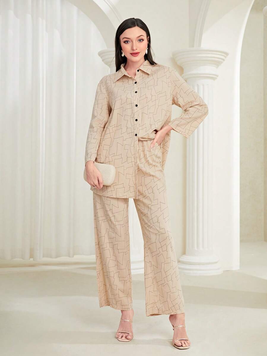 Mulvari 滿版印花前紐扣襯衫&闊腿褲 - 杏色 - 查看 1