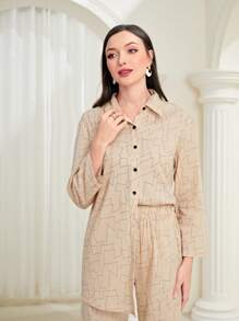 Mulvari 滿版印花前紐扣襯衫&闊腿褲 - 杏色 - 查看 4