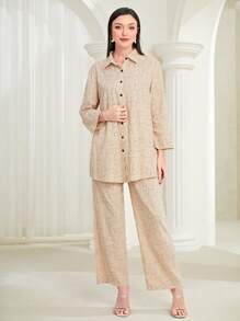 Mulvari 滿版印花前紐扣襯衫&闊腿褲 - 杏色 - 查看 5