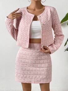 SHEIN Privé Jachetă și fustă cu nasturi imprimate peste tot