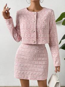 SHEIN Privé Jachetă și fustă cu nasturi imprimate peste tot