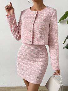 SHEIN Privé Jachetă și fustă cu nasturi imprimate peste tot