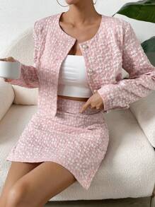 SHEIN Privé Jachetă și fustă cu nasturi imprimate peste tot