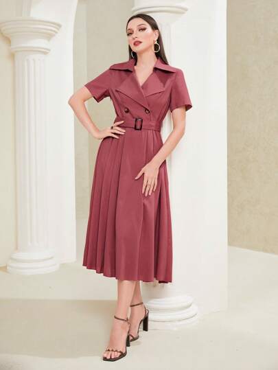 Modelyn 優雅腰帶 百褶 雙排釦純色女士連衣裙