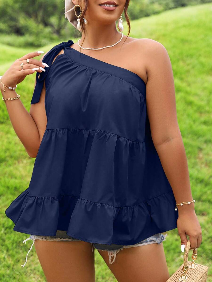 Calvaya Plus One Shoulder Knot Shoulder Ruffle Hem Blouse - Navy Blue - View 1