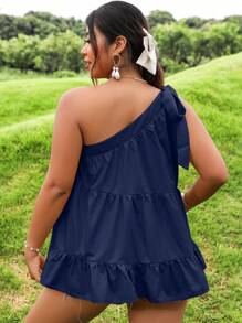 Calvaya Plus One Shoulder Knot Shoulder Ruffle Hem Blouse - Navy Blue - View 2